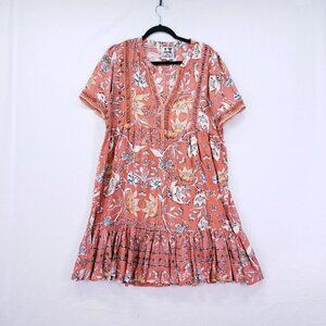 JAASE Handshaped in the Shed Coral Orange Boho Lightweight Floral Short Dress L
